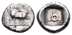 Greek DYNASTS OF LYCIA. Uncertain dynast, circa 490/80-440/30 BC. 1/3 Stater (Silver, 12.5 mm, 2.68 g). Boar standing right. Rev. Triskeles in pelleted square border within incuse square. Cf. Falghera