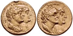 Greek PTOLEMAIC KINGS OF EGYPT. Ptolemy II Philadelphos, with Arsinöe II, Ptolemy I, and Berenike I, 285-246 BC. Tetradrachm or Half Mnaieion (Gold, 20 mm, 13.86 g, 12 h), Alexandria, c. 285-272. ΑΔΕΛ