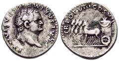 Roman Imperial Titus, as Caesar, 69-79. Denarius (Silver, 17 mm, 3.90 g, 5 h), Rome. T CΛESΛR IMP VESPΛSIΛNVS Laureate head of Titus to right. Rev. TR POT VIII COS VII Quadriga to left, containing thr