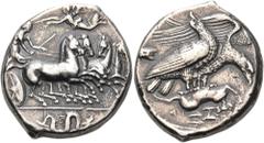 Greek SICILY. Akragas. Circa 409-406 BC. Tetradrachm (Silver, 28 mm, 16.99 g, 4 h). Nymph, with her robes billowing behind her, driving quadriga galloping to right, about to turn; above, Nike flying l