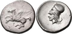 Greek CORINTHIA. Corinth. Circa 400-375 BC. Stater (Silver, 28 mm, 8.44 g, 1 h). Ϙ Pegasus flying left with straight wings. Rev. Head of Aphrodite to left, wearing Corinthian helmet with a neck guard;