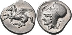 Greek CORINTHIA. Corinth. Circa 405-345 BC. Stater (Silver, 20.5 mm, 8.55 g, 3 h). Ϙ Pegasus flying left with straight wings. Rev. Head of Aphrodite to left, wearing Corinthian helmet; in field to rig