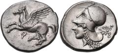 Greek CORINTHIA. Corinth. Circa 400-375 BC. Stater (Silver, 23 mm, 8.49 g, 6 h). Ϙ Pegasus flying left with straight wings. Rev. Head of Aphrodite to left, wearing Corinthian helmet with a neck guard;