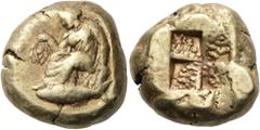 Greek MYSIA. Kyzikos. Circa 334 BC. Stater (Electrum, 20 mm, 16.02 g). Eleutheria seated to left, on a rock inscribed ΕΛΕΥ/ΘΕΡΙ, her head bent slightly down to left, holding a wreath in her right hand