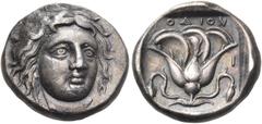 Greek ISLANDS OFF CARIA, Rhodos. Rhodes. Circa 340-316 BC. Drachm (Silver, 15 mm, 3.65 g, 12 h). Head of Helios facing, turned slightly to right. Rev. POΔION Rose with bud to each side; in middle righ