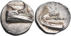 Greek LYCIA. Phaselis. Circa 250-221/0 BC. Stater (Silver, 21.5 mm, 9.85 g, 6 h), struck under the magistrate Akousilas. Prow of galley with fighting platform and large eye to right. Rev. ΦΑΣ / ΑΚΟΥΣΙ