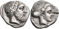 Greek CILICIA. Nagidos. Circa 400-380 BC. Stater (Silver, 21 mm, 10.71 g, 6 h). Bearded head of Dionysos to right, wearing ivy wreath. Rev. ΝΑΓΙΔΕΩΝ Head of Aphrodite to right, her hair bound in a sph