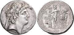 Greek SELEUKID KINGS. Antiochos VIII Epiphanes (Grypos), 121/0-97/6 BC. Tetradrachm (Silver, 31 mm, 16.52 g, 12 h), Damaskos, year SE ΘϘΡ = 199 = 114-113. Diademed head of Antiochos VIII to right; aro