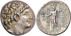 Greek SELEUKID KINGS. Antiochos VIII Epiphanes (Grypos), 121/0-97/6 BC. Tetradrachm (Silver, 27.5 mm, 16.63 g, 12 h), Ake-Ptolemaïs, 121/0-113. Diademed head of Antiochos VIII to right. Rev. ΒAΣΙΛEΩΣ 