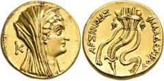 Greek PTOLEMAIC KINGS OF EGYPT. Ptolemy VI Philometor or Ptolemy VIII Euergetes, 180-145 or 145-116 BC. Octodrachm (Gold, 27 mm, 27.65 g, 12 h), in the name of Arsinoe II, Alexandria. Diademed and vei