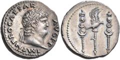 Roman Imperial & Provincial Nero, 54-68. Denarius (Silver, 18 mm, 3.64 g, 5 h), Rome, c. 64-65. IMP NERO CAESAR AVG P P Laureate head of Nero to right. Rev. Legionary eagle with wings displayed betwee