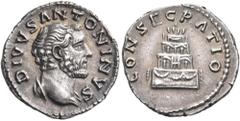 Roman Imperial & Provincial Divus Antoninus Pius, died 161. Denarius (Silver, 18 mm, 3.37 g, 6 h), Rome, struck under Marcus Aurelius, 161. DIVVS ANTONINVS Bare head of Antoninus Pius to right, wearin