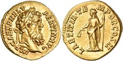 Roman Imperial & Provincial Pertinax, 193. Aureus (Gold, 20 mm, 7.28 g, 6 h), Rome, 1 January-28 March 193. IMP CAES P HELV PERTIN AVG Laureate and bearded head of Pertinax to right. Rev. LAETITIA • T