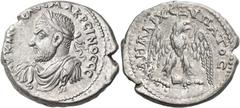 Roman Imperial & Provincial MESOPOTAMIA. Edessa. Macrinus, 217-218. Tetradrachm (Silver, 27 mm, 13.91 g, 6 h). ΑΥ Κ Μ ΟΠEwqΛ CE ΜΑΚΡEΙΝΟC CE Laureate, draped and cuirassed bust of Macrinus to left. Re