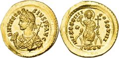 Roman Imperial & Provincial Theodosius II, 402-450. Solidus (Gold, 21 mm, 4.36 g, 6 h), 444. D N THEODO - SIVS P F AVG Diademed and bearded bust of Theodosius II to left, wearing consular robes and ho