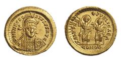 Ancient Coins Römische Kaiserzeit Theodosius II (408–450) Solidus (Au) 425–429 Constantinopolis Av: D N THEODO - SIVS P F AVG diadémos mellkép szemből /frontale Panzerbüste, Kopf leicht n. r., mit Hel
