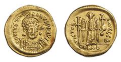Ancient Coins Byzanz Justinianus I. (527–565) Solidus (Au) 545–565 Constantinopolis Av: D N IVSTINIANVS PP AV mellkép páncélban szemből /Büste von vorn/ Rv: VICTORI A AVGGG B Viktória globuszkeresztte