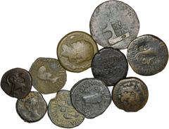 Ibero-Roman Lot (10 Coins) - Calagurris: Asse, Burgos 422, 11.04g, Regular; Carthago Nova: Asse, Burgos 577, 9.15g, Good/Very Good; Celsa: Asse, Burgos 771, 16.03g, Almost Good; Emerita Augusta: Asse,