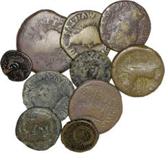 Ibero-Roman Lot (10 Coins) - Bilbilis: Asse, Burgos 278, 10.82g, Good/Almost Good; Calagurris: Asse, Burgos 429, 11.54g, Regular/Almost Good; Carthago Nova: Semisse, Burgos 590, 5.60g, Very Good/Good;