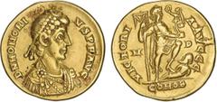 Roman Coins Roman - Honorius (393-423) - Roman - Honorius (393-423) Gold - Solidus; D N HONORIVS P F AVG / VICTORIA AVGGG, in field: M-D, exergue: COMOB; RCV 20916, RIC IX 35c, X 1206 (Milan, 402-403)