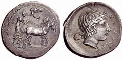 Greek coins Catana Tetradrachm work of the “Maestro della Foglia”, circa 415-410, AR 16.35 g. Slow quadriga r. driven by charioteer, wearing long chiton and holding reins with both hands; above, Nike 
