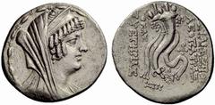 Greek coins Cleopatra Thea, 126 – 125 Tetradrachm, Ake-Ptolemais 126-125, AR 15.72 g. Diademed, draped and veiled bust of Cleopatra Thea r.; all within border of reeds. Rev. BAΣIΛIΣΣHΣ / KΛEOΠATΡAΣ - 