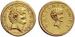 The Roman Republic M. Antonius. Aureus, mint moving with M. Antonius in 34, AV 8.09 g. ANTON·AVG·IMP·III·COS· DES·III·III·V R P·C Head of M. Antonius r. Rev. M·ANTONIVS·M·F·F Head of M. Antonius junio