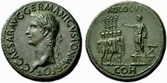 The Roman Empire Gaius, 37 – 41 Sestertius circa 37-38, Æ 28.88 g. C CAESAR AVG GERMANICVS PON M TR POT Laureate head l. Rev. ADLOCVT Gaius, bare-headed and togate, standing l. on platform, r. hand ex