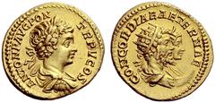 The Roman Empire Caracalla augustus, 198 – 217 Aureus 202, AV 7.08 g. ANTON P AVG PON – TR P V COS Laureate, draped and cuirassed bust of Caracalla r. Rev. CONCORDIAE AETERNAE Jugate busts r. of Septi