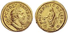 The Roman Empire Postumus, 260 – 269 Aureus, Lugdunum 261, AV 6.40 g. IMP C POST – VMVS P F AVG Laureate, draped and cuirassed bust r. Rev. P M TR P III COS III P P Postumus, veiled and togate, standi