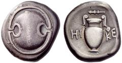 Greek coins Boeotia, Thebes Stater circa 395-338, AR 12.04 g. Beotian shield. Rev. Amphora; above, club. Hepworth 52 (this reverse die). BCD Boiotia 486b (these dies). Lovely tone and good very fine F