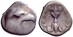 Greek coins Elis Hemidrachm circa 421-365, AR 2.62 g. Eagle’s head r. Rev. Winged thunderbolt within wreath. Delepierre 2121. Seltman pl. 8, 19 (this obverse die). BCD Olympia 95. Old cabinet tone and