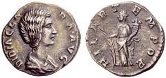 The Roman Empire Didia Clara, daughter of Didius Julianus Denarius March 28th-end of May 193, AR 2.77 g. Draped bust r. Rev. Hilaritas standing l., holding long palm and cornucopiae. C 3. BMC Didius J
