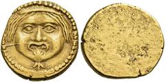 Greek Coins Etruria, Populonia. 50 asses circa 300-250, AV 2.83 g. Gorgoneion, hair bound with diadedm; below, (arrow down). Rev. Blank. Jameson 1827 (this coin). Vecchi I, 70 (this coin). EC 23.2 (th