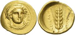 Greek Coins Metapontum. Tetrobol circa 290-280, AV 2.59 g. Head of Nike three-quarters facing r., wearing pendant earring, necklace and stephane; in r. field, NIKA. Rev. METAΠON Barely ear. Johnston G