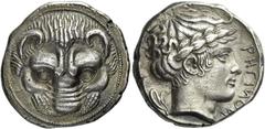 Greek Coins Rhegium. Tetradrachm circa 415-400, AR 17.13 g. Lion's head facing. Rev. PΗΓΙΝΟΝ Laureate head of Apollo r.; behind, two olive leaves. SNG Fitzwilliam 850 (these dies). Kraay-Hirmer 288 (t