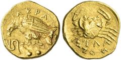 Greek Coins Sicily, Agrigentum. Diobol circa 410-406, AV 1.36 g. AKPA Eagle standing l. on rock devouring serpent. On rock, two pellets. Rev. Crab; below, ΣIΛA / NOΣ partially retrograde. SNG ANS 999 