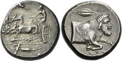 Greek Coins Gela. Tetradrachm circa 415-405, AR 17.17 g. [ΓΕΛΑΙΩΝ] Fast quadriga driven l. by charioteer, holding kentron and reins; above, eagle flying l. In exergue, ear of barley. Rev. ΓΕΛ[ΑΣ] retr