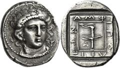 Greek Coins Amphipolis. Tetradrachm circa 366-365, AR 14.14 g. Laureate head of Apollo, facing three-quarters r., hair flowing at sides of face; in r. field, lion. Rev. AMΦ – ΙΠΟ – ΛΙΤ – ΕΩΝ around ra