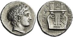 Greek Coins Olynthus, the Chalcidian League. Tetradrachm circa 361-358, AR 14.47 g. Laureate head of Apollo r. Rev. X – A – Λ – ΚΙΔ – EΩN Six-stringed cithara; below, [ΕΠ]Ι ΟΛYΜΠΙΧ[ΟΥ]. SNG ANS 508. G
