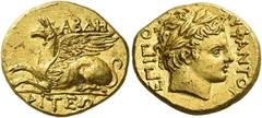 Greek Coins Thrace, Abdera. Stater end of IV-early III century, AV 6.41 g. AB?H – PITEΩ[N] Griffin seated l. Rev. ΕΠΙ ΠΟ?[Λ]ΥΦΑΝΤΟΥ Laureate head of Apollo r. May, Abder –, cf. group cxxxvii (tetradra