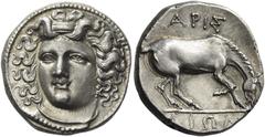 Greek Coins Thessaly, Larissa. Drachm circa 356-342, AR 6.06 g. Head of the nymph Larissa facing slightly l., wearing ampyx, single-pendant earring and plain necklace. Rev. [Λ]APIΣ – AIΩN Horse standi