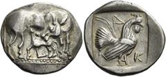 Greek Coins Euboea. Carystus. Didrachm circa first half of V century BC, AR 8.45 g. Cow standing r., head turned back towards its calf suckling l. Rev. K – A Cock standing r.; within incuse square. Hu
