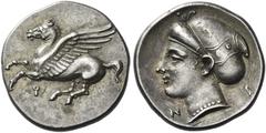 Greek Coins Corinthia, Corinth. Drachm circa 330, AR 2.74 g. Pegasus flying l..; below, koppa. Rev. Head of Aphrodite l.; wearing sakkos. SNG Lockett 2143. Boston, MFA 1145. BCD Korinth –. In exceptio