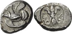 Greek Coins Elis, Olympia. Stater circa 460s, Olympiads 78-82, AR 12.35 g. Eagle flying l., grasping snake in its beak and talons. Rev. F – A Thunderbolt upright, with volutes above and wings below. S