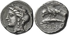 Greek Coins Sinope. Drachm, magistrate Po(si)- circa 410-350, AR 6.02 g. Head of nymph l., hair in sakkos. Rev. ΣINΩ Sea eagle standing l., wings spread, on dolphin l.; below, eagle's wing, ΠO. Recuei