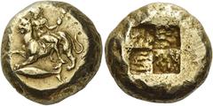 Greek Coins Mysia, Cyzicus. Stater circa 400-350, EL 16.00 g. Dionysus, nude and holding a thyrsus, reclining l. on the back of a panther prancing l.; below, tunny-fish. Rev. Quadripartite incuse squa