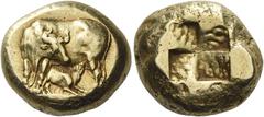Greek Coins Mysia, Cyzicus. Stater circa 400-330, EL 16.07 g. Cow standing l., head turned, suckling calf; below, tunny-fish. Rev. Quadripartite incuse square. Dewing 2188. Greenwell –. Boston, MFA –.