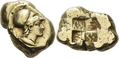 Greek Coins Mysia, Cyzicus. Stater circa 400-350, EL 15.97 g. Head of Athena r., wearing crested Corinthian helmet; below, tunny-fish. Rev. Quadripartie incuse square. Greenwell –. von Fritze 188 (the