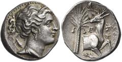 Greek Coins Ephesus. Octobol, Syrakosios magistrate circa 340-325, AR 5.04 g. Bust of Artemis r., holding quiver and bow over far shoulder. Rev. Ε – Φ Forepart of stag r. with head l.; in l. field, pa